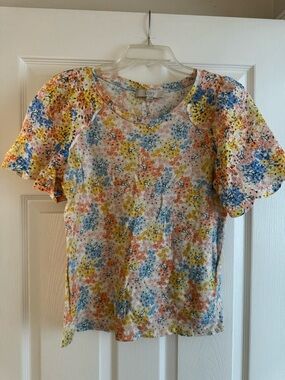 LOFT Short-Sleeve Scoop Neck Top in Blue, Yellow, Coral